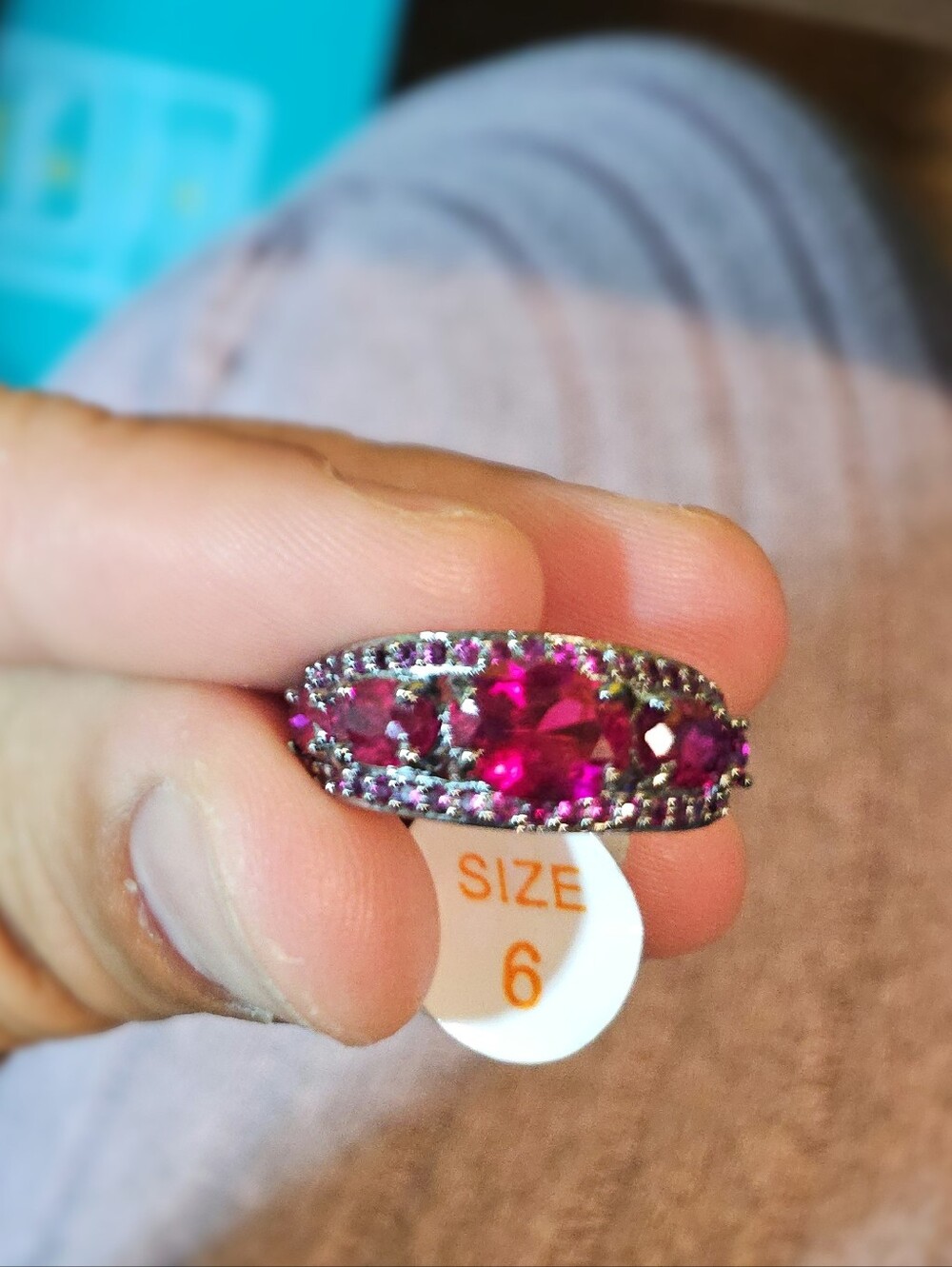 18k White Gold Filled Vibrant Magenta Ruby-Red 3-Stone Pavé Cocktail Ring